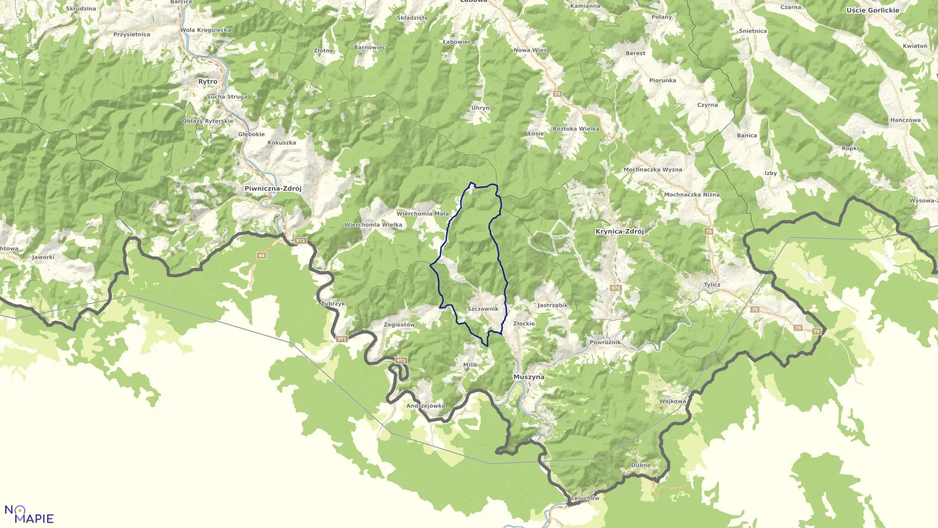 Mapa obrębu Szczawnik w gminie Muszyna